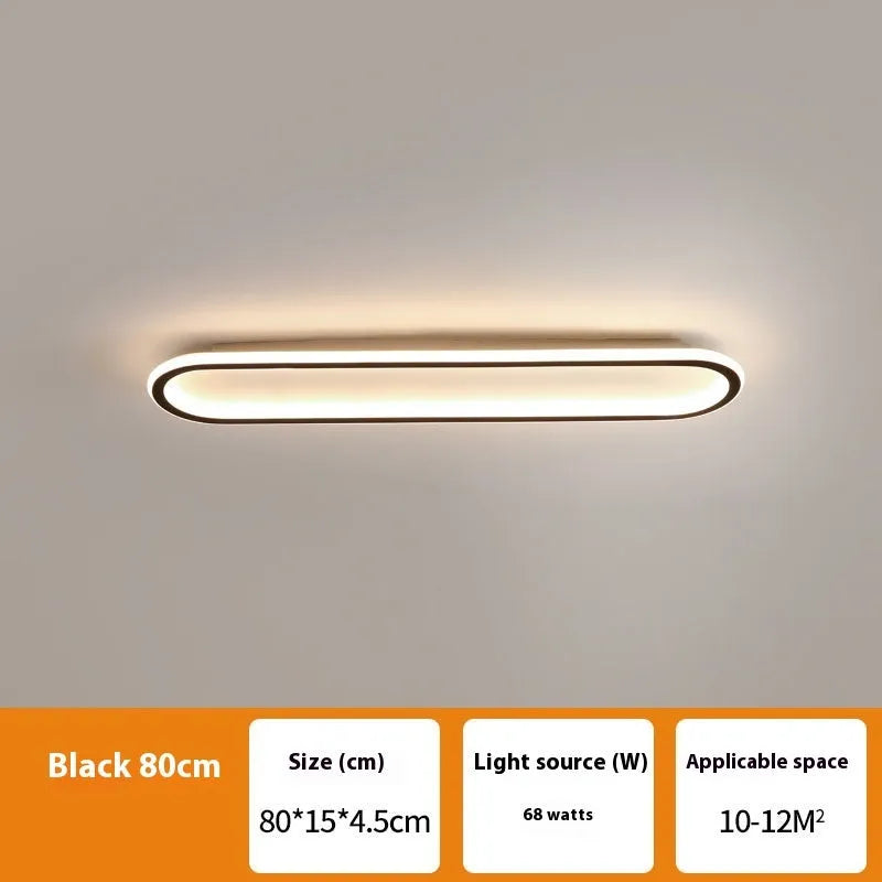 Minimalist black aluminium strip ceiling lamp with PVC shade mounted on a white ceiling