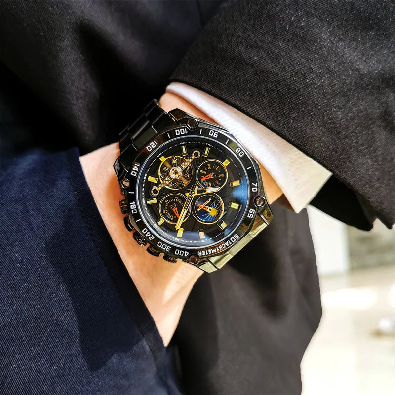 Men's automatic mechanical watch with 12mm case in black steel, silver, and gold finish options.