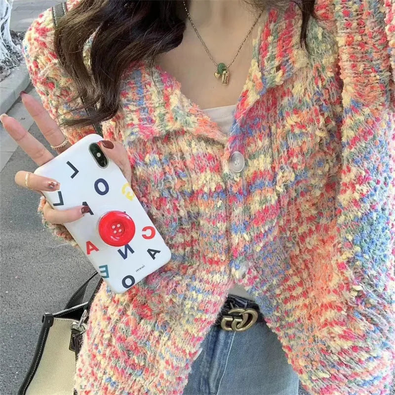 Retro rainbow pattern acrylic cardigan in green or pink ice cream colours with free size slim fit