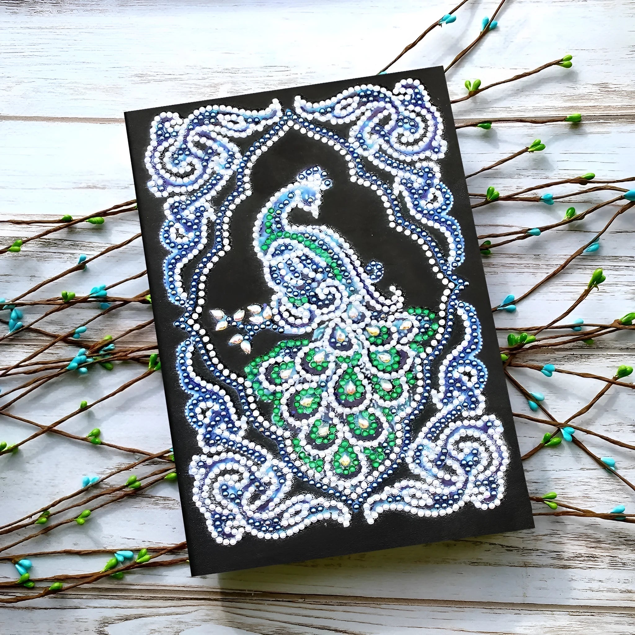 Peacock diamond painting notebook with shaped and bright drill beads, A5 size 142x207mm