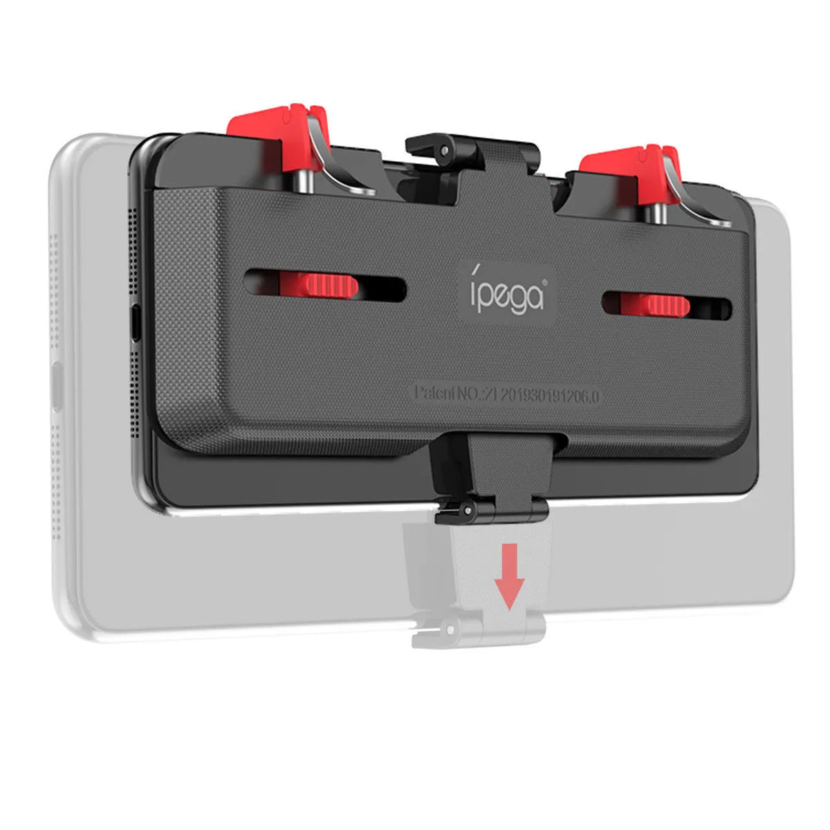 Black gaming phone mount with metal trigger controller and adjustable telescopic clip for 67-87mm wide mobile phones