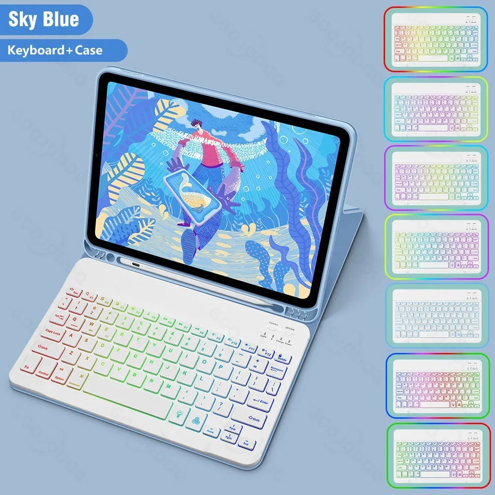 iPad leather protective case with built-in luminous RGB backlit Bluetooth keyboard and optional mouse in various colours.