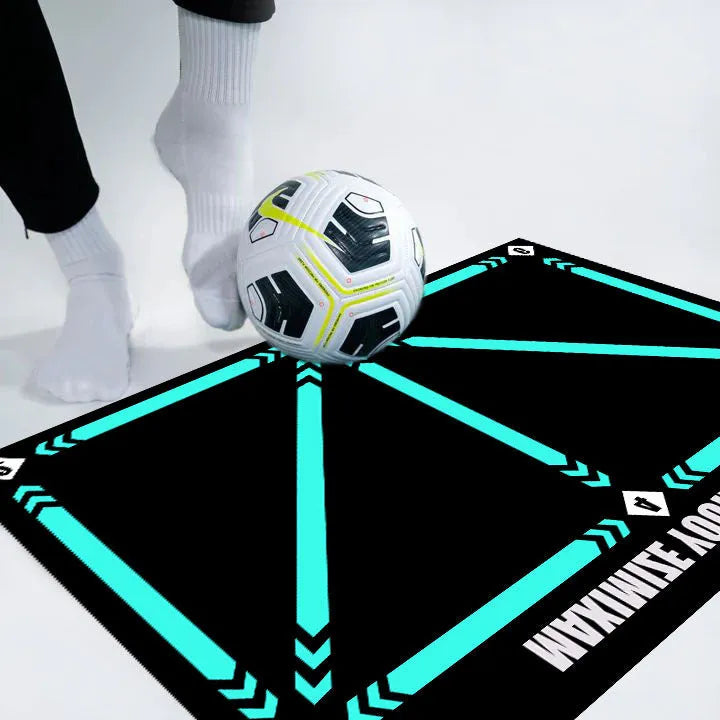 Black football training mat measuring 60 by 90 centimetres with a non-slip rubber base