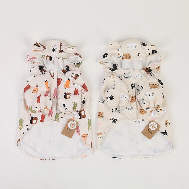 Cartoon dog raincoat with double waterproof coating in beige colour with cat head design
