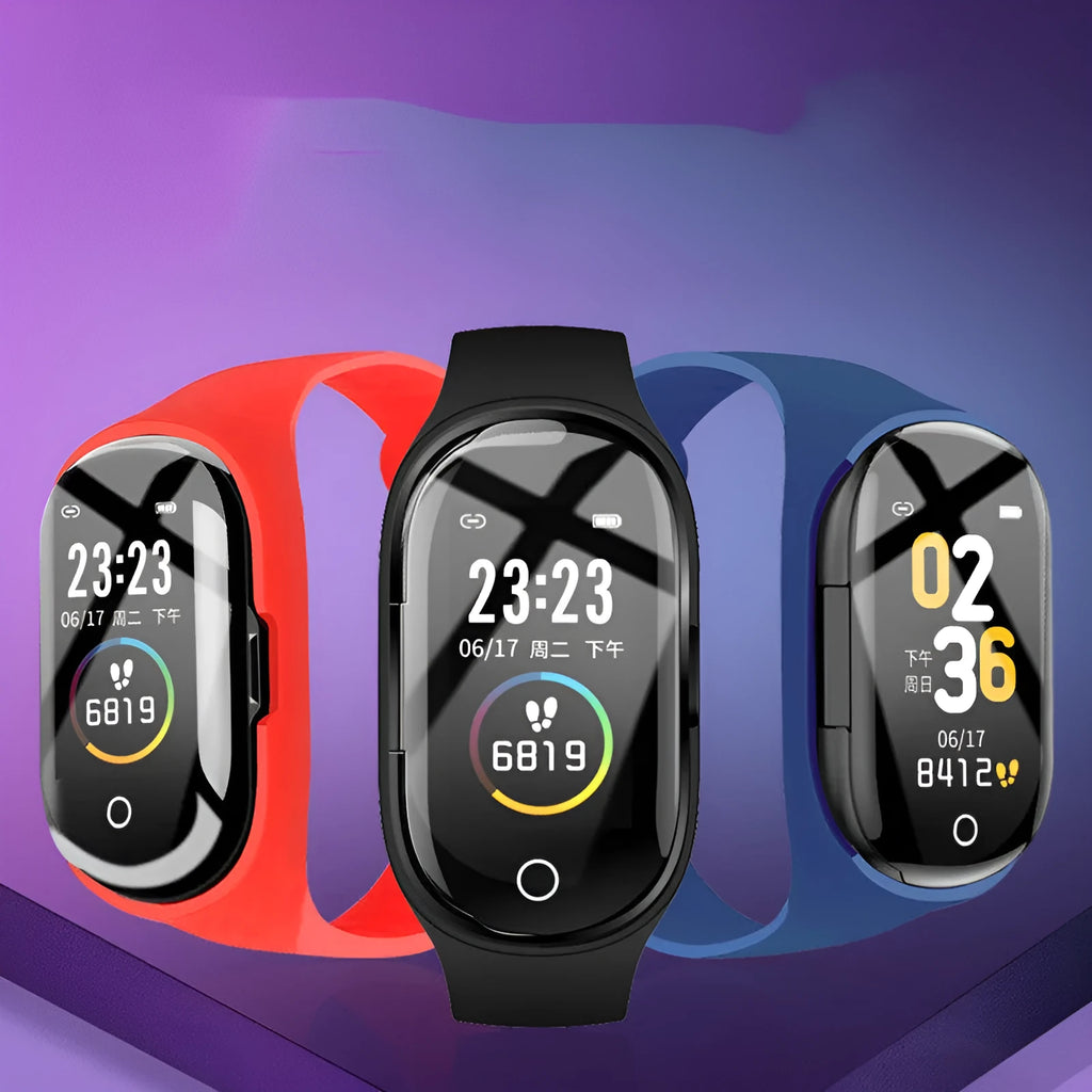 Blue smart bracelet and wireless earphone combo with 1-inch screen on a silicone wristband.