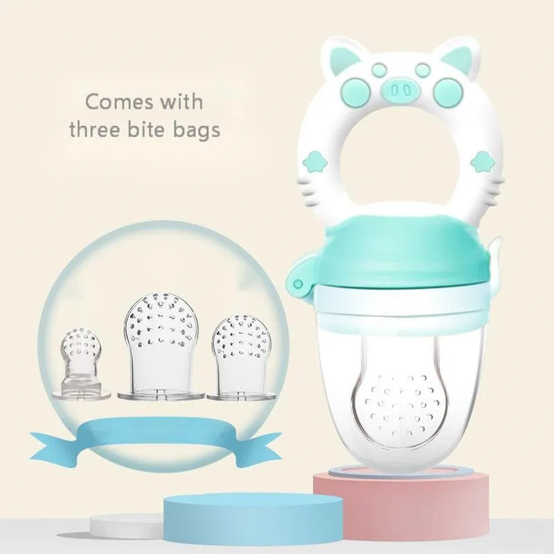 Soft silicone baby teether in blue, green, or pink colour options.