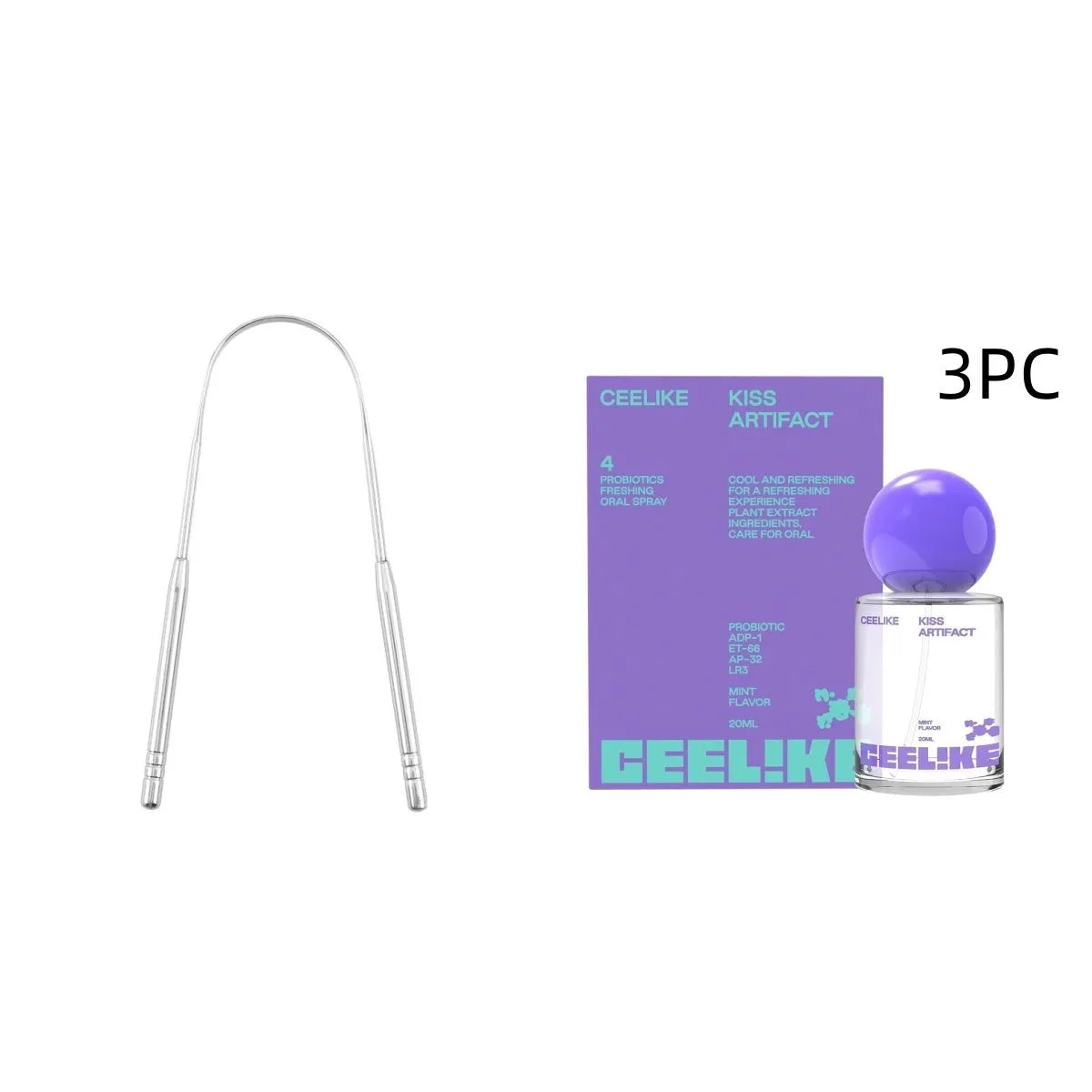 A portable 20ml bottle of probiotics oral care spray with a white pump spray head.