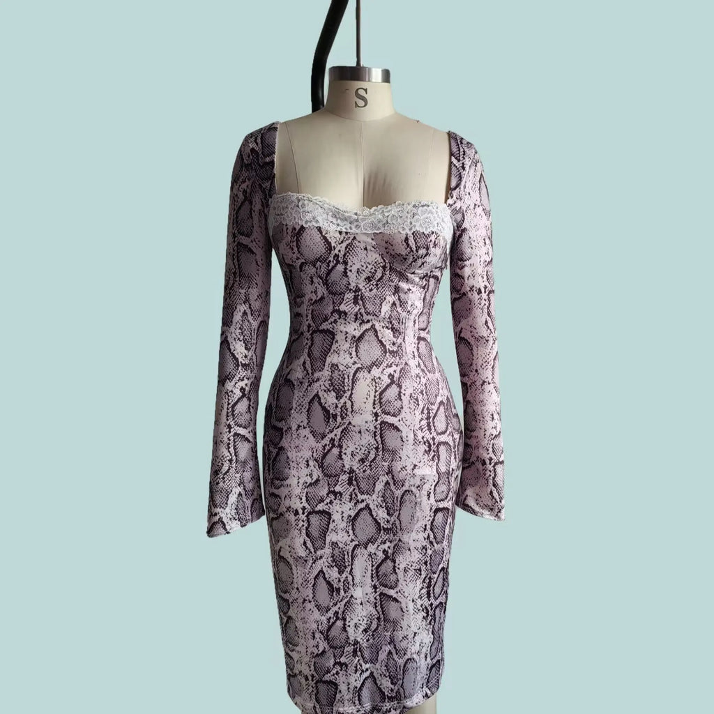 Grey women's slim fit lace dress with 3D digital pattern, A-line skirt, and long sleeves.