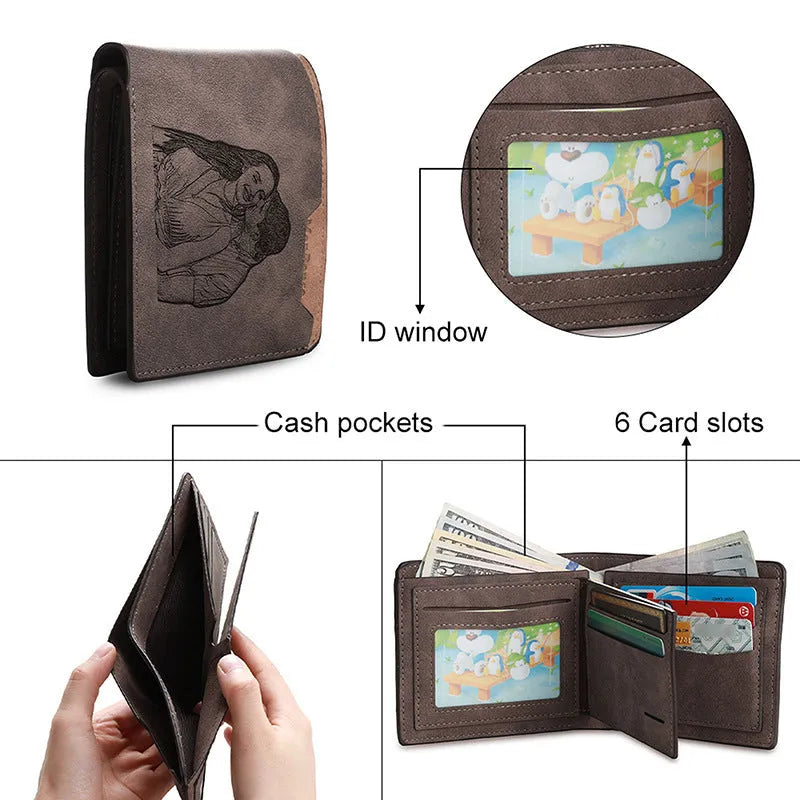 Coffee brown engraved horizontal short wallet with custom text or photo personalisation.