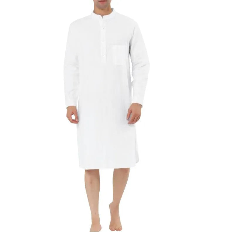 Men's simple cotton shirt robe with pocket available in white black and blue sizes S to XXL