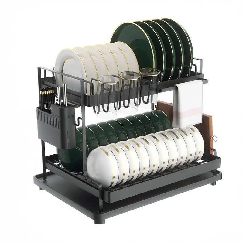 White and black double-layer kitchen storage rack with removable draining section for utensils.
