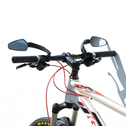 Black acrylic bicycle rearview mirror for mountain bikes, showing rotatable head and approximate 210mm by 102.5mm size.