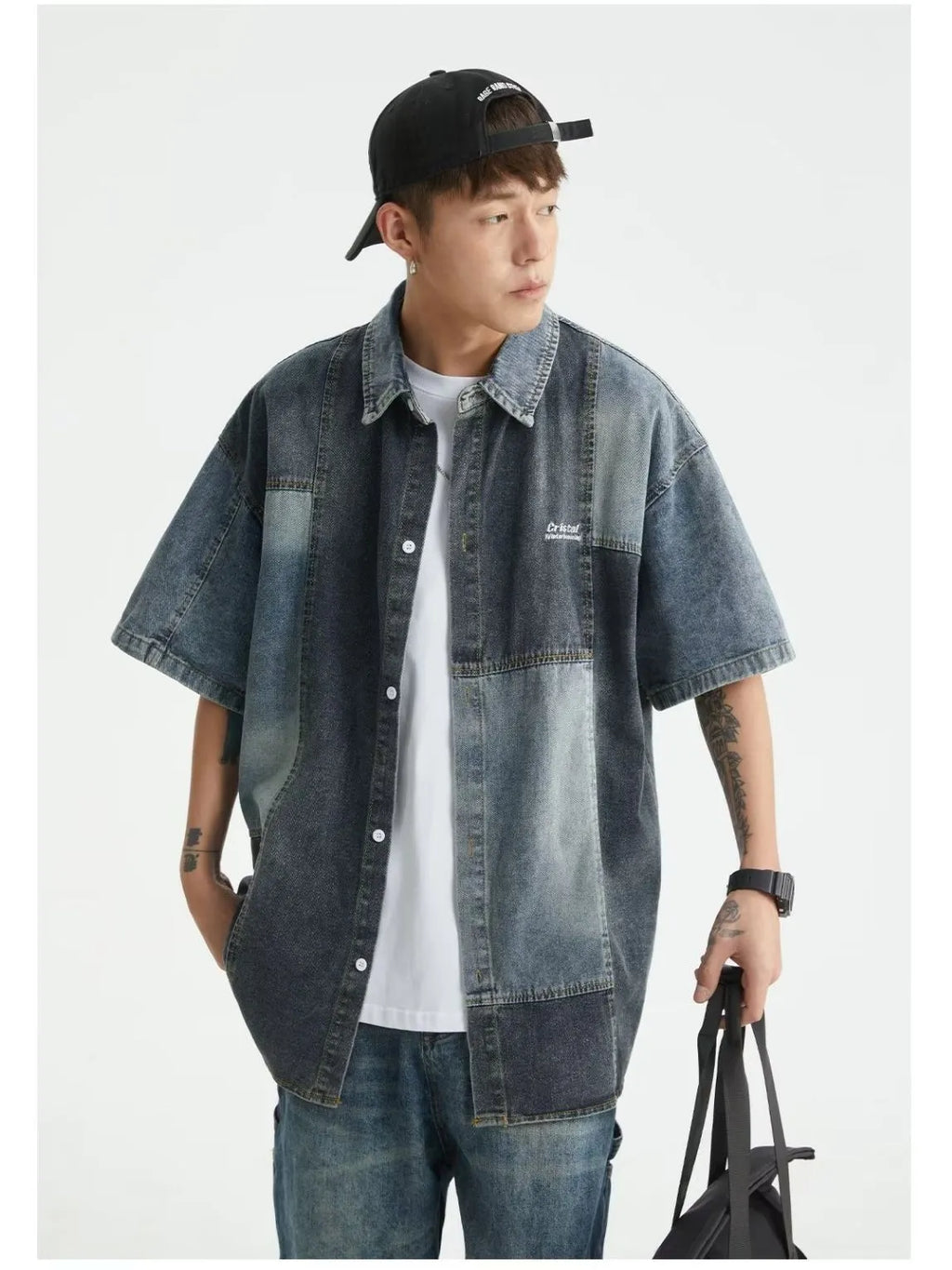 Blue men's denim shirt with washed stitching details and loose cardigan fit