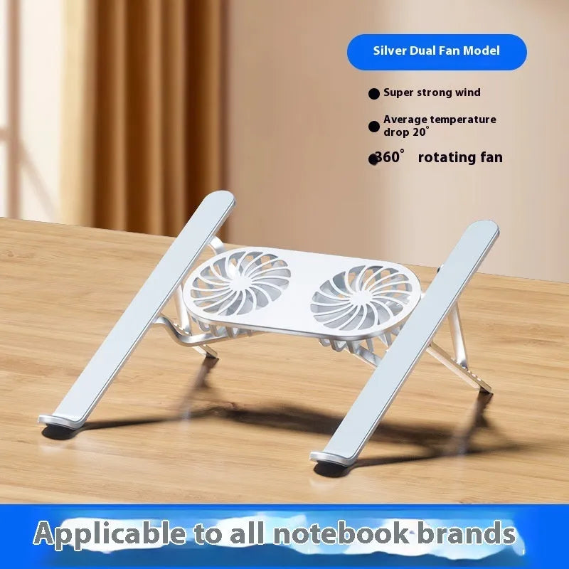 Silver aluminium laptop cooling stand with twin fans in folded and unfolded positions