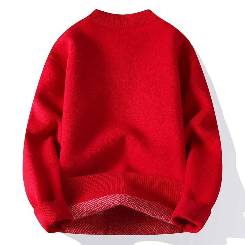 Men's loose knitted pullover with ribbed hem in polyester and rabbit fur blend fabric