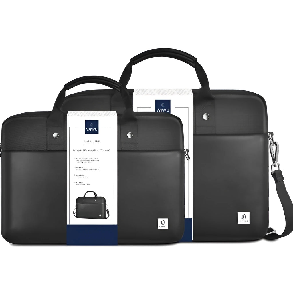 Black Oxford cloth laptop backpack showing multiple pockets, a lock, and padded laptop compartment.