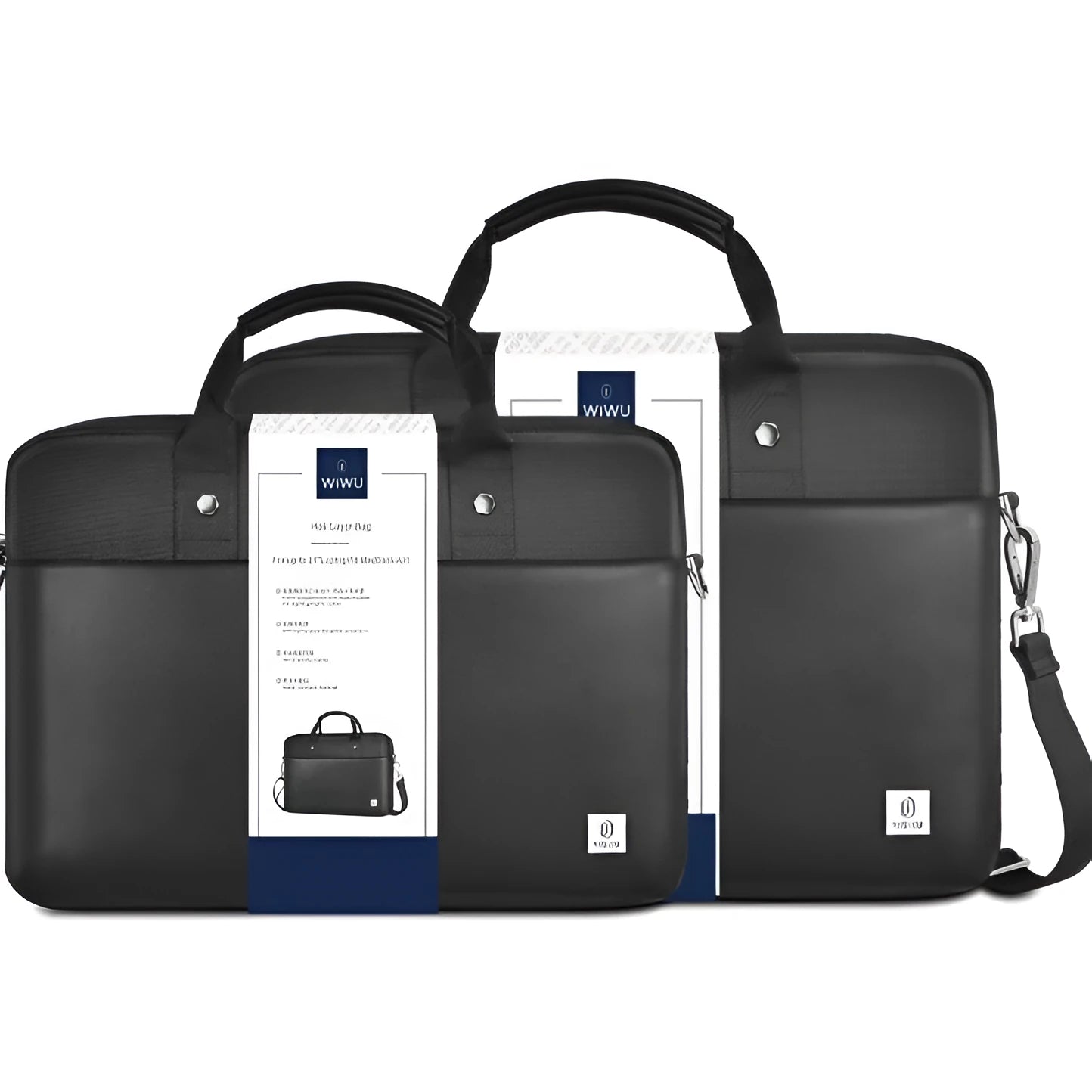 Black Oxford cloth laptop backpack showing multiple pockets, a lock, and padded laptop compartment.