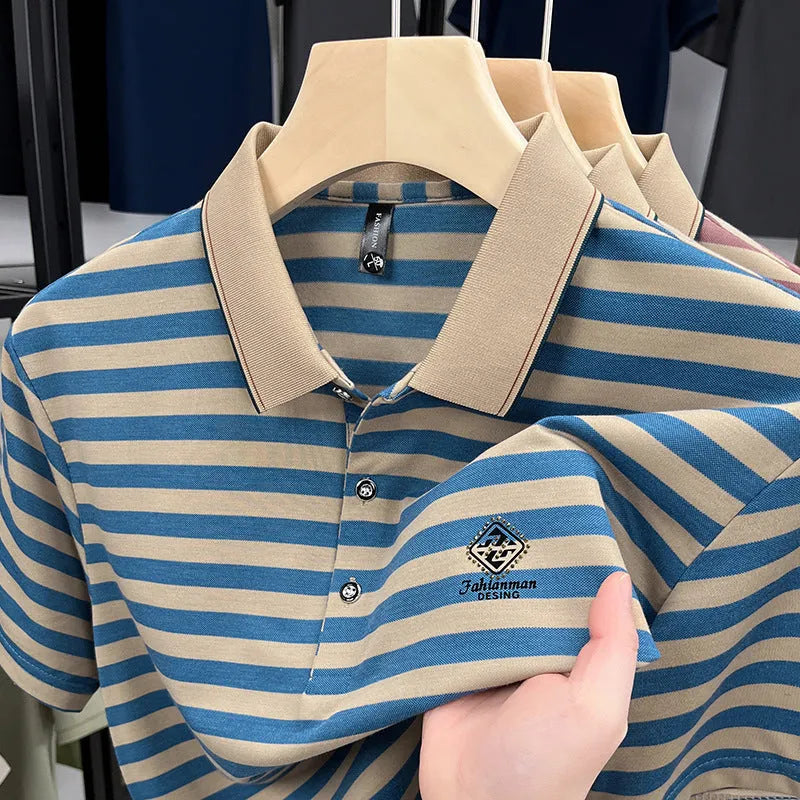 Men's striped short sleeve shirt with mosaic pattern in polyester fabric