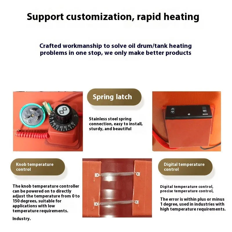 Silicone rubber heating belt wrapped around 200-litre oil drum with digital display control