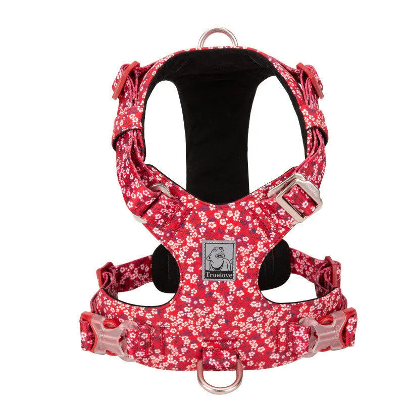 Floral pattern pure cotton dog harness vest shown in blue, green, and red colours on a size chart from XXS to XL.