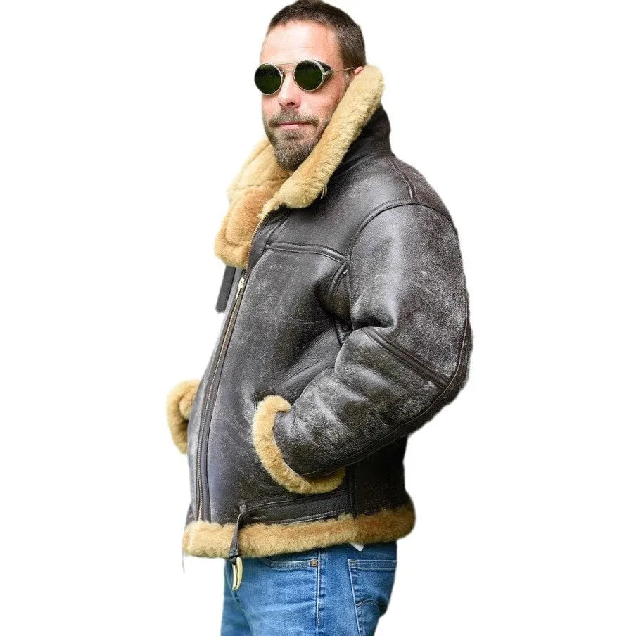 Vintage style synthetic leather fur coat for men in brown with side pockets