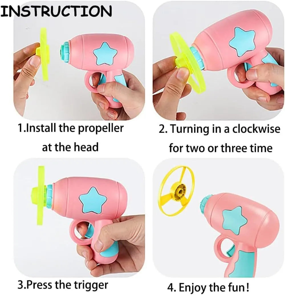 Blue or pink plastic cat toy gun with frisbee launcher for indoor feline play