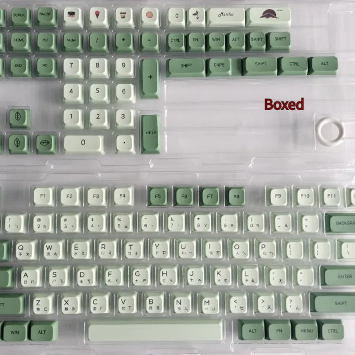 124 PBT keycaps in Matcha green colour arranged by language layout for mechanical keyboards