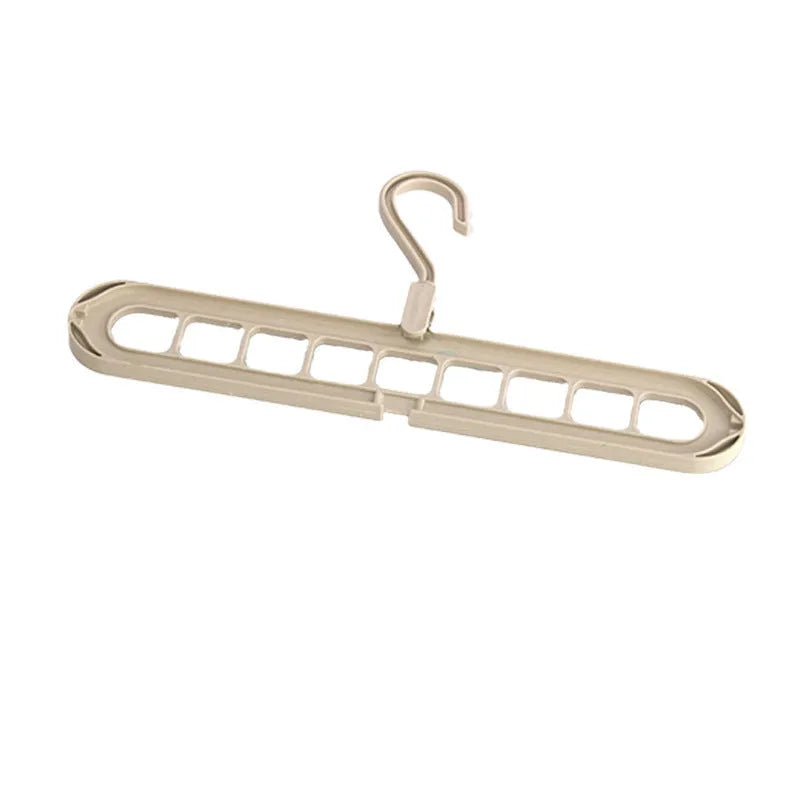 Foldable plastic hanger with nine holes for hanging trousers, shown in a choice of colours.