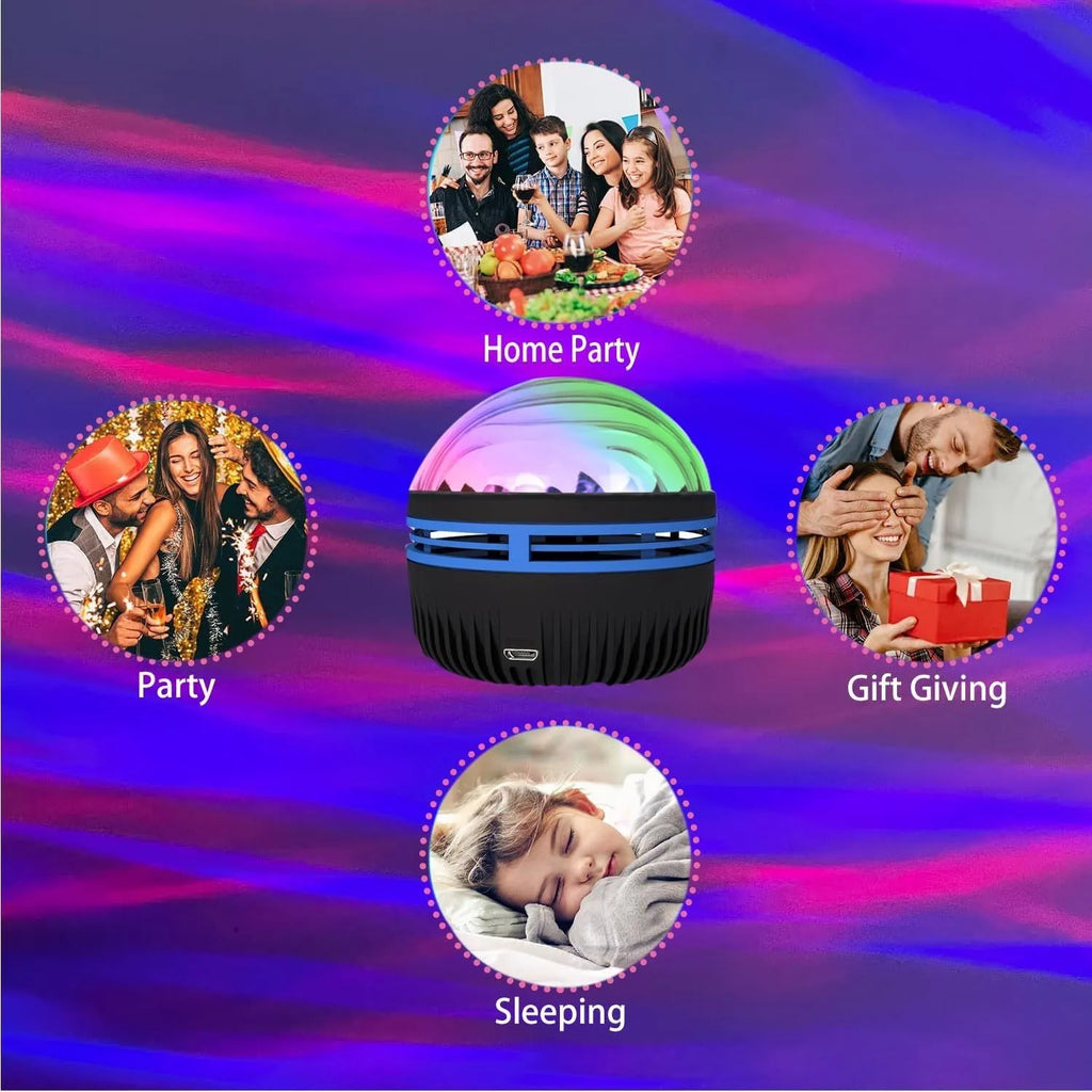 Compact USB-powered LED lamp projecting rotating colourful stars and galaxies onto a dark wall.