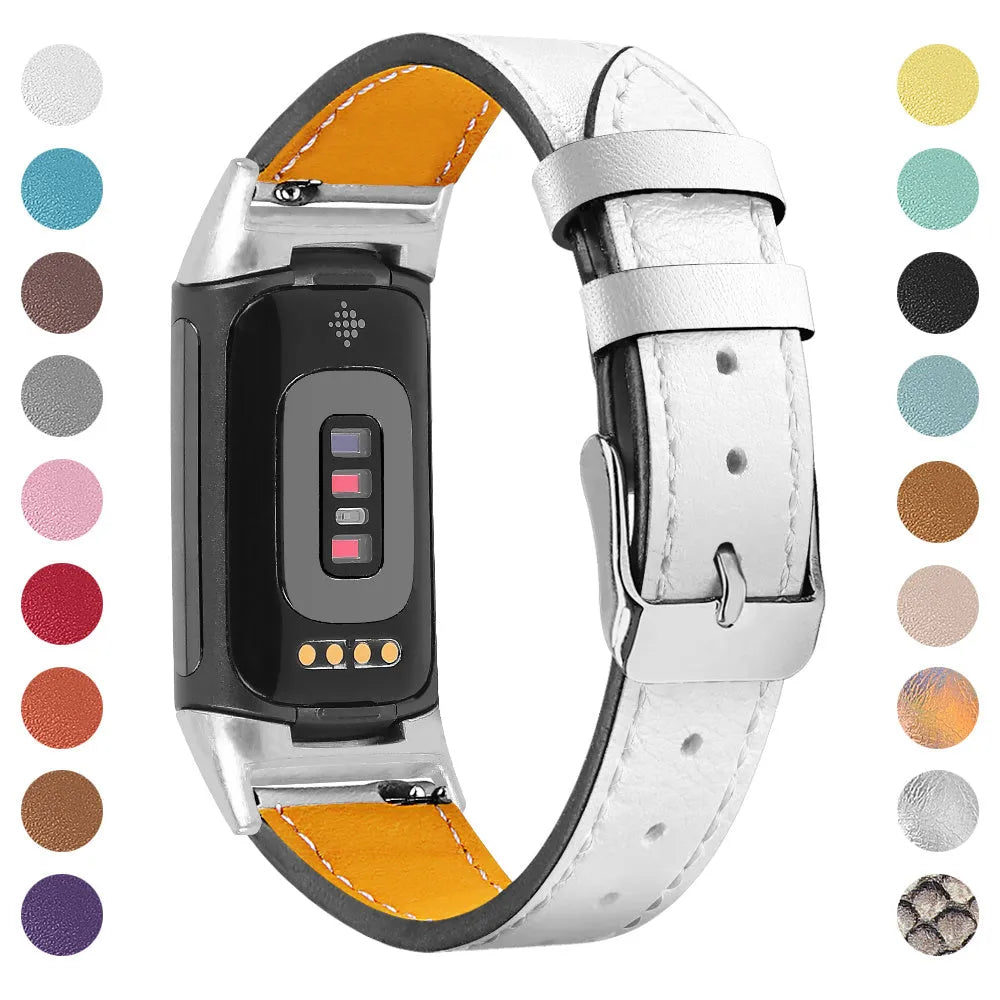 Genuine leather watch strap for Fitbit Charge 5 and Charge 6 fitness trackers on a wrist.