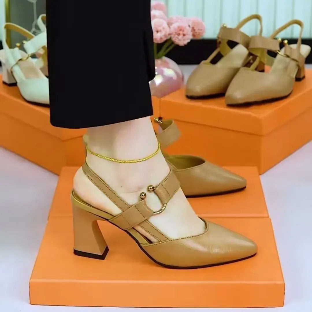 Women's apricot leather closed-toe sandals with a chunky heel and backless slip-on design.