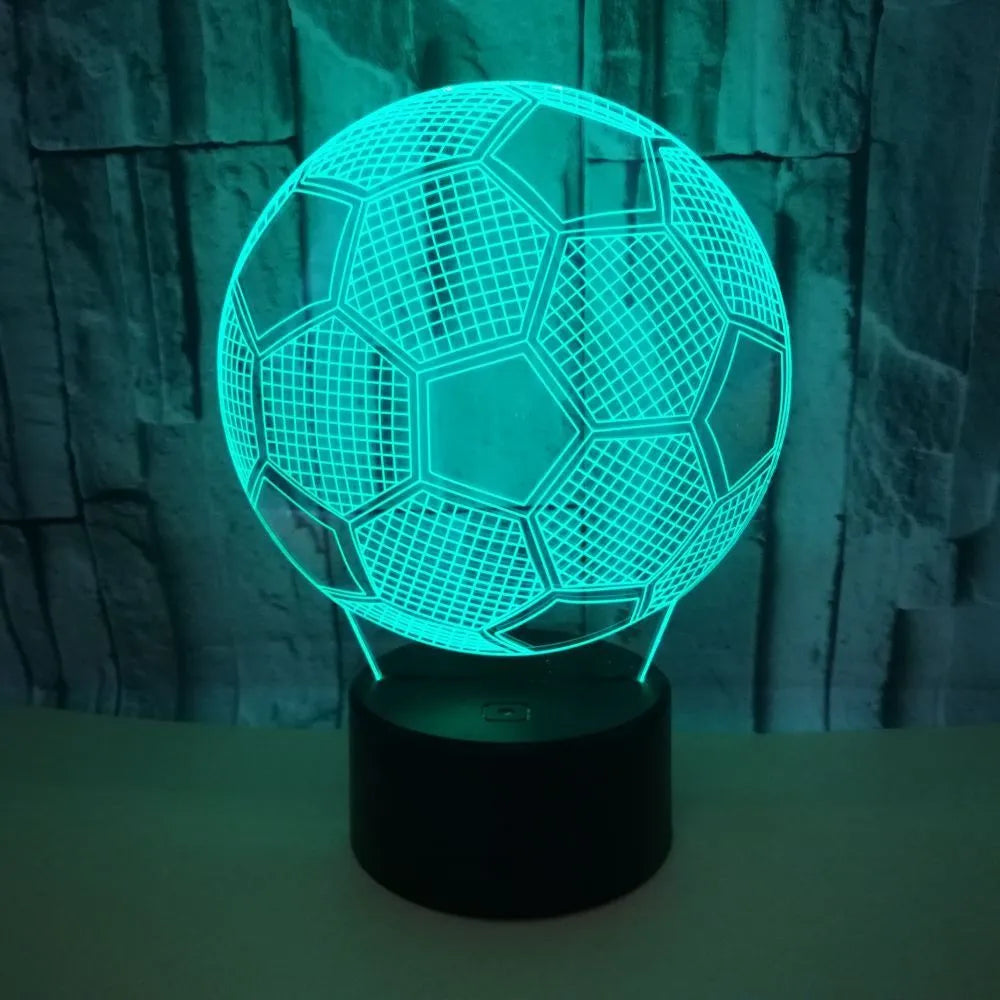 3D football-shaped night light with colour-changing LED effects on a black ABS base.
