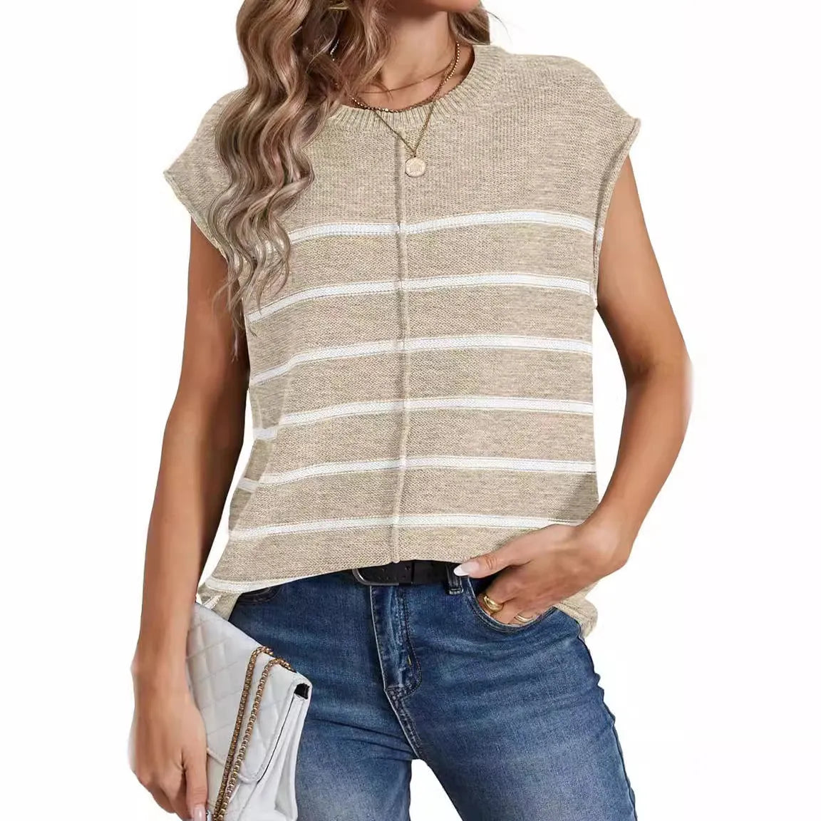 Women's striped sleeveless pullover top in acrylic knit, shown in multiple colour options.