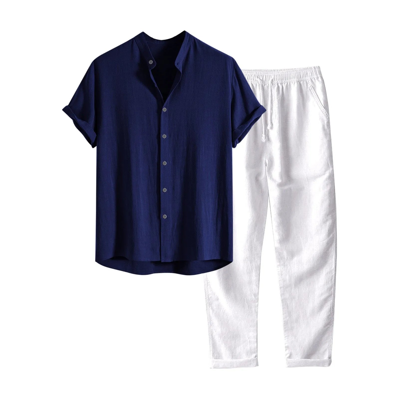 Men's casual linen-look shirt and trouser set in multiple colours with short sleeves and loose fit
