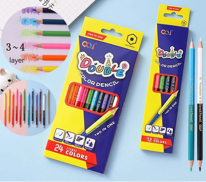 Set of wooden colouring pencils with dual-tip leads, showing 12 and 24 colour set options.