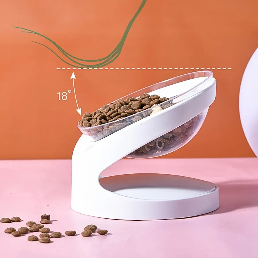 White elevated clear plastic cat food bowl with tilt design for dry and wet food