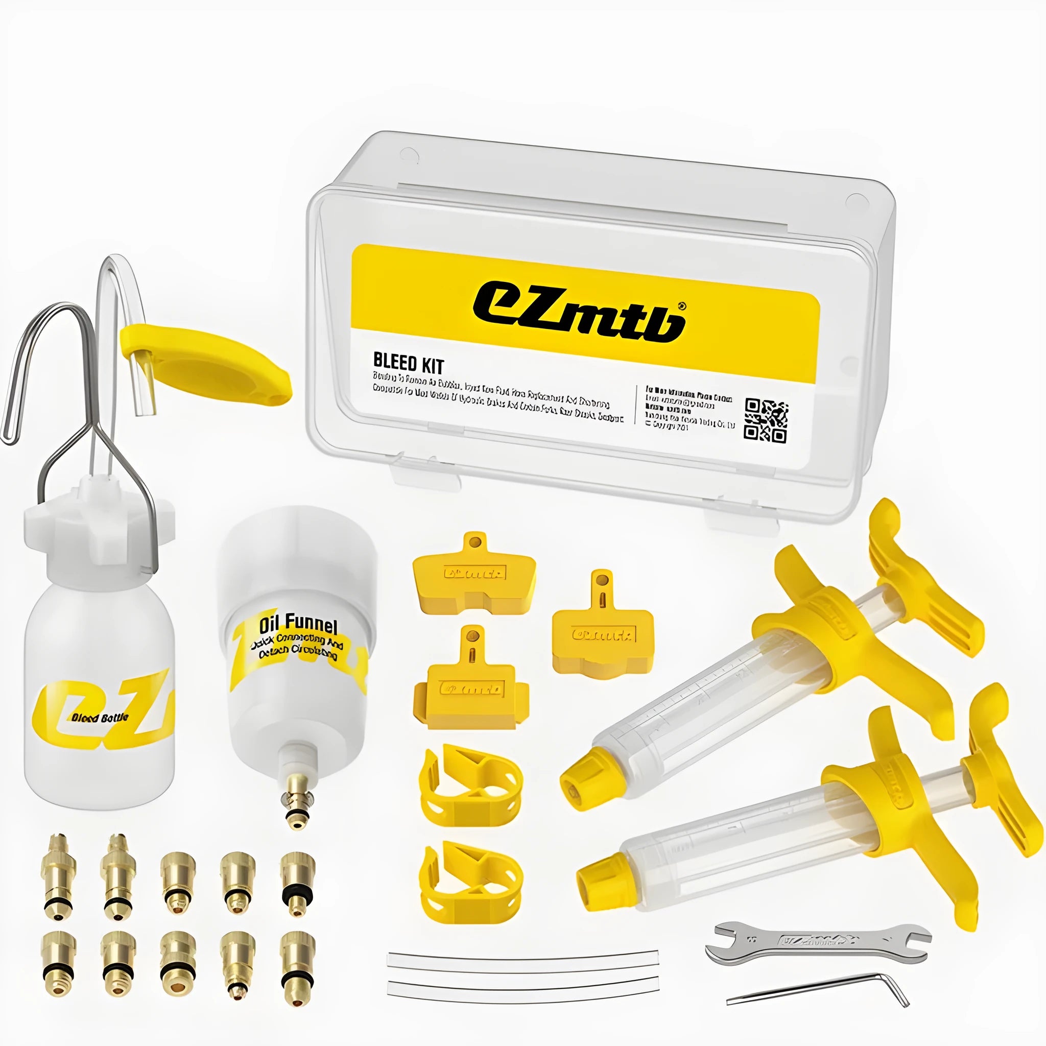 EZmtb bicycle hydraulic brake bleed kit showing syringes, funnels, adapters, and wrenches on a table