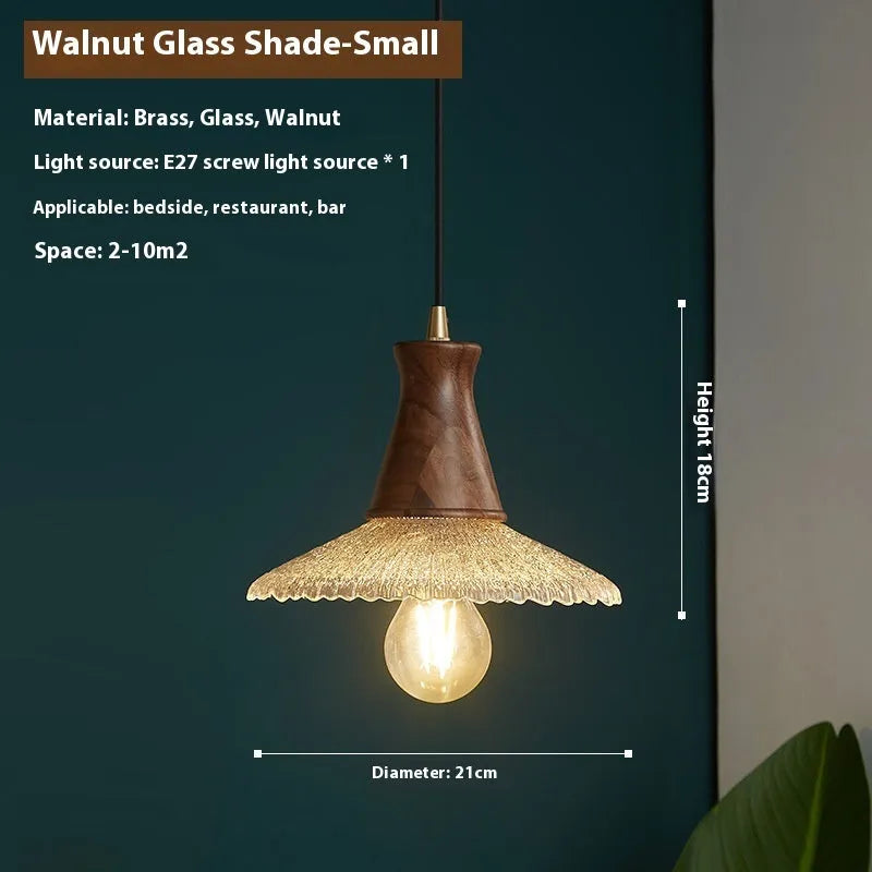 Retro-style brass and glass chandelier with wood body for ceiling mounting in restaurants.