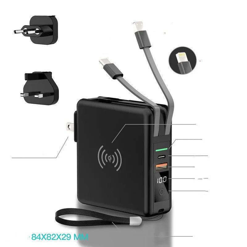Black and white QI wireless charging power bank with PD20W fast charging and international travel plugs