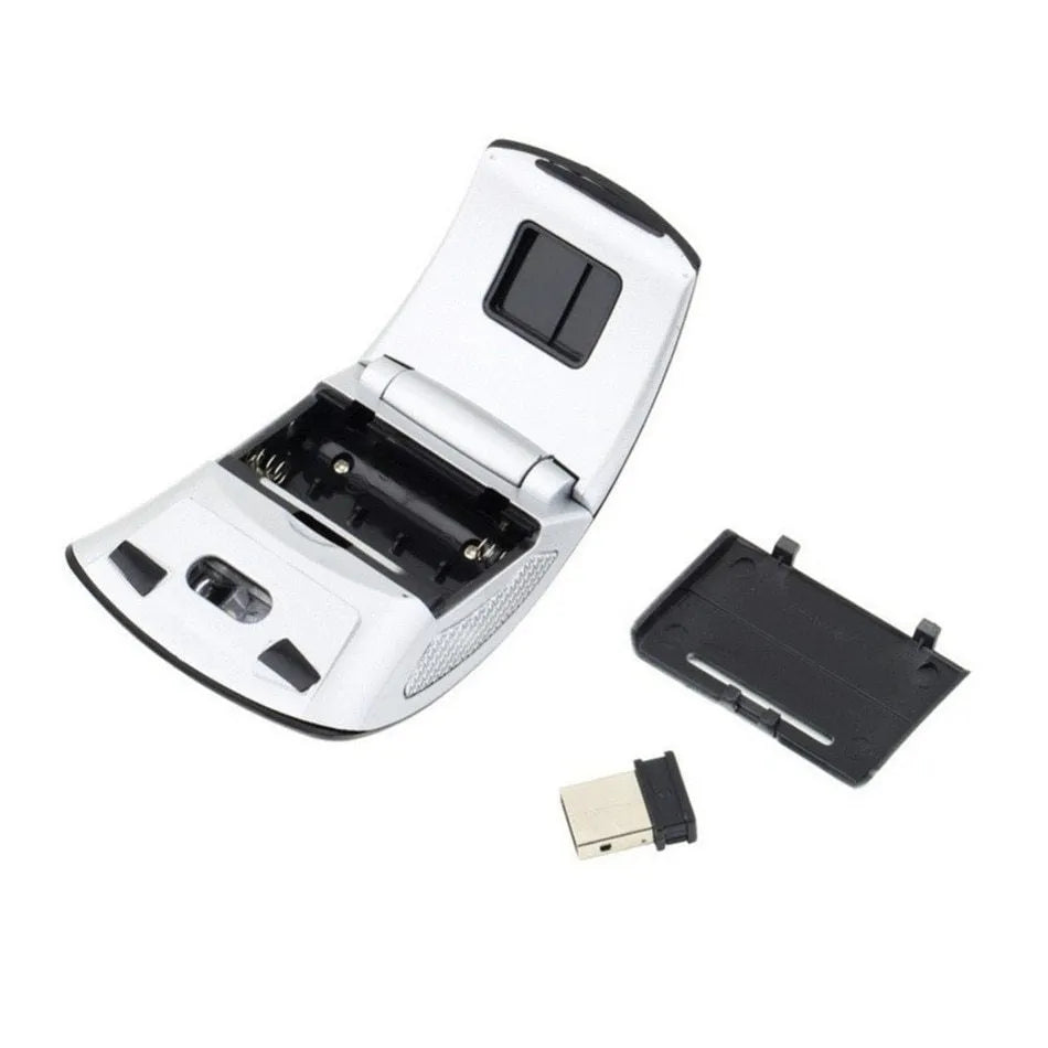 Wireless foldable mouse in black with 2.4GHz receiver and compact ABS body