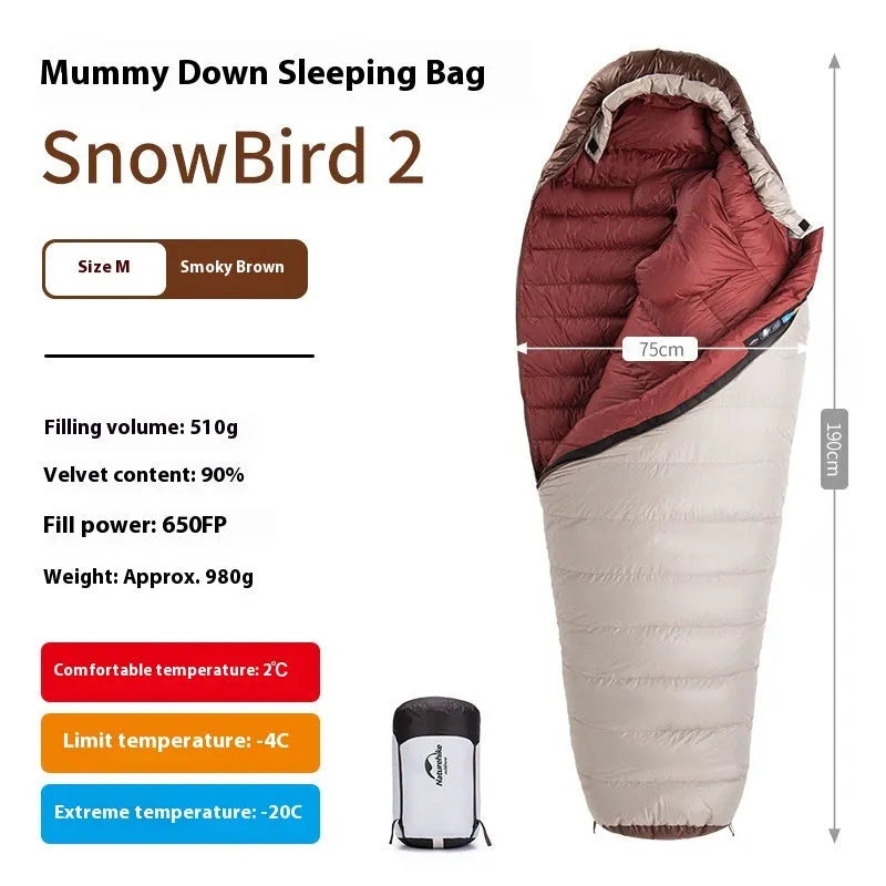 Goose down mummy sleeping bag for adult camping in a stuff sack