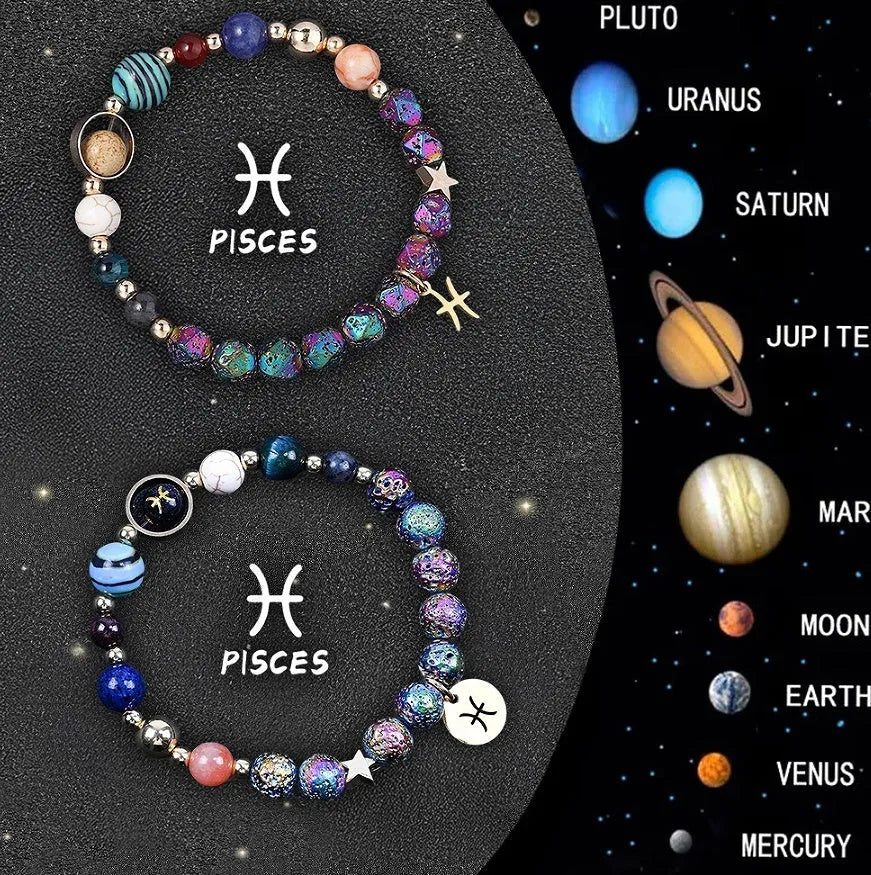 Two natural stone beaded bracelets laid out, each featuring designs for different zodiac signs.