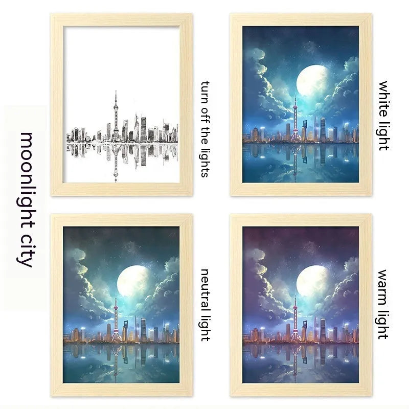 USB LED luminous picture frame night lamp showing illuminated landscape design in modern plastic frame