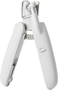 White pet nail clippers with LED light, transparent anti-splash baffle, and triangular steel blades for cats and dogs
