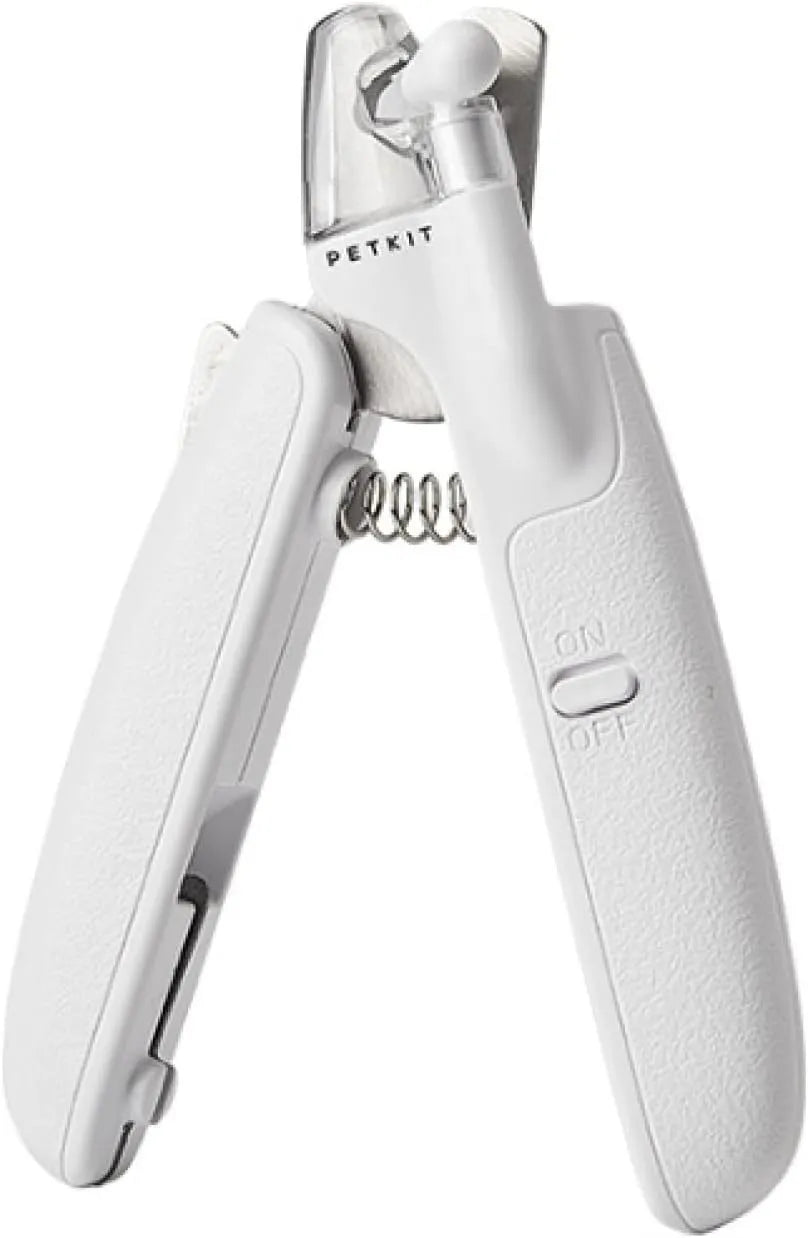 White pet nail clippers with LED light, transparent anti-splash baffle, and triangular steel blades for cats and dogs
