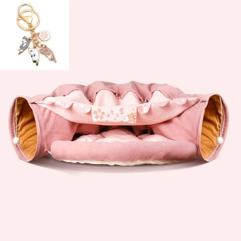 Collapsible cloth cat tunnel toy in choice of colours, shown folded and unfolded