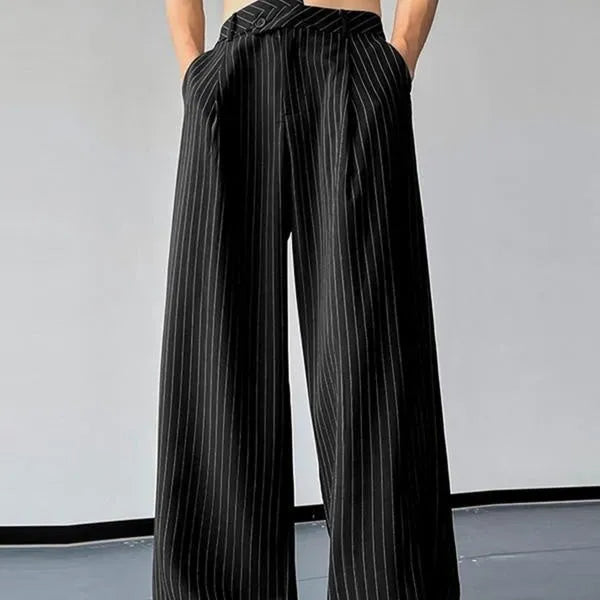 Men's black vertical striped pleated casual trousers with high elasticity fabric