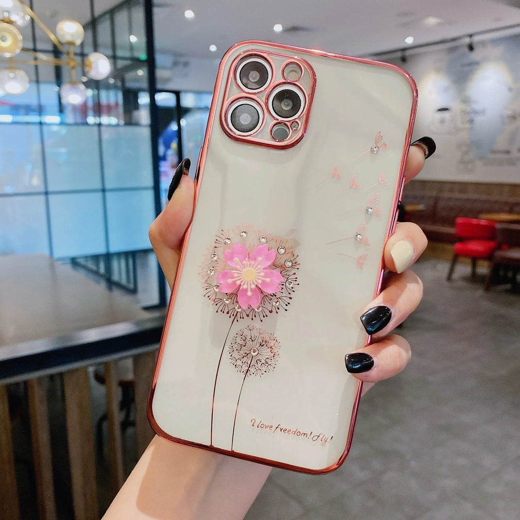 Green 3D flower design phone case with spin stand for iPhone, showing built-in screen protector.