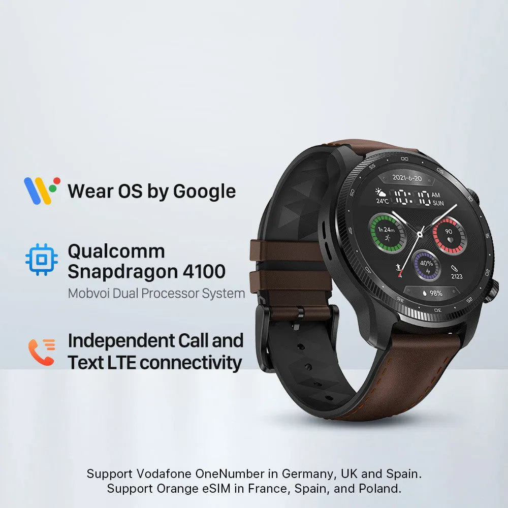 Ticwatch Pro X 47mm black smart watch with round dual-layer display on a wrist.