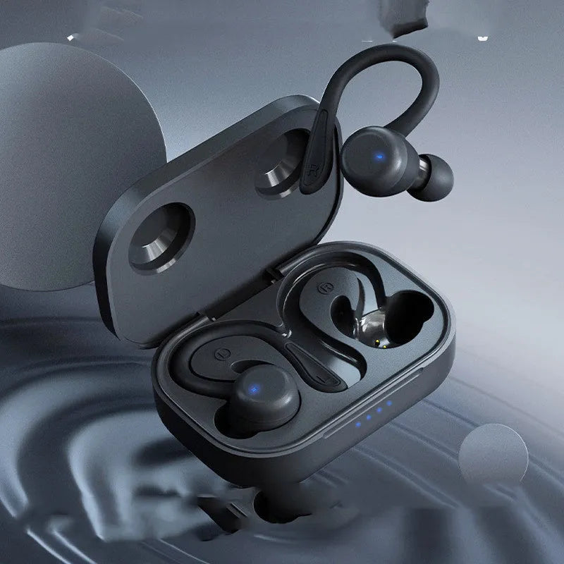 True wireless sports headphones with active noise cancelling shown in black, with removable ear hooks and multiple earbud sizes.